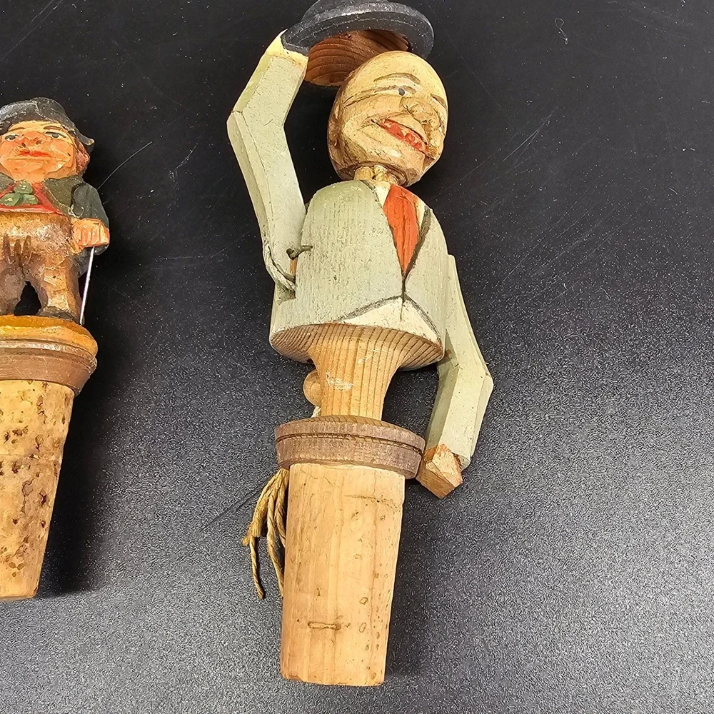 Bottle Stoppers Set of 3 Vintage Black Forest Hand Carved Wood Folk Art